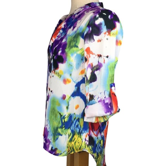 Chelsea Taylor Womens Top Size S Watercolor V-neck Tab Slvs Hi Low Hem Colorful - Picture 5 of 11